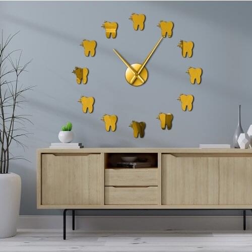 Dentist Teeth Dental Office Wall ArtContemporary Acrylic Mirror Effect Tooth 3D DIY Wall Clock Deco Clock Watch Gift For Doctor