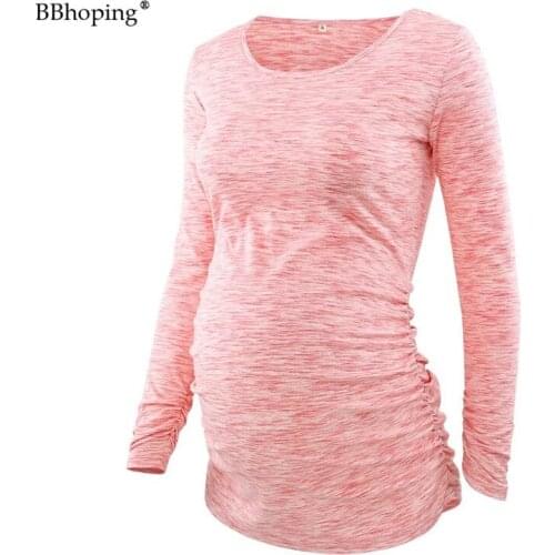 Womens Maternity Tunic Tops Casual Long Sleeve Scoop Neck Casual Pregnancy Blouses T-shirt Flattering Side Ruched Mama Clothes