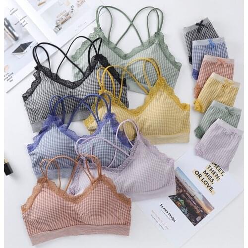 Plaid Sexy Bra Panties Set Women Push Up Beauty Back Active Top Fitness Seamless Sport Bra Set Underwear Women Bra Lingerie Set