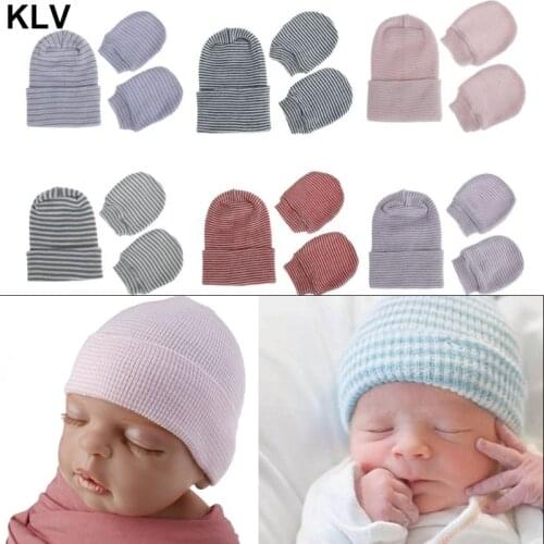 Newborn Baby Hat and Mitten Set Hospital Knit Hat Cap Soft Nursery Beanie Hat For 0-3 Month