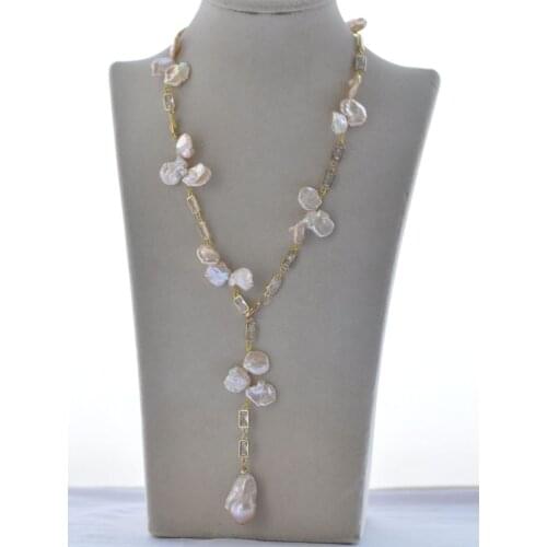 Z11011 22" 26mm Pink Baroque Lamina Drip Reborn Pearl Chain Necklace Pendant CZ