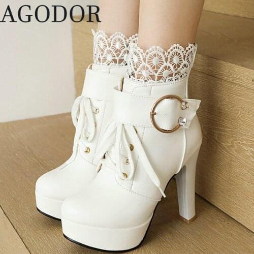 AGODOR Lolita Ankle Boots Pink for Women Block Heel Platform Lace Up Boots with Heels and Lace High Heels Winter Booties