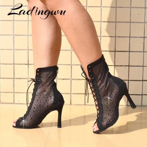 Ladingwu Latest Latin Dance Boots Woman Mesh Hot Rhinestone Dance Shoes Salsa Ladys Black Suede Ballroom Dancing Shoes