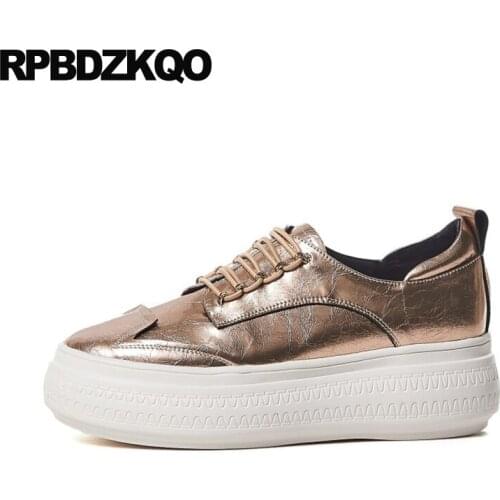 Women Real Leather China Silver Thick Sole Lace Up Flats Metallic Pink Genuine Muffin Elevator Creepers Platform Shoes Fashion