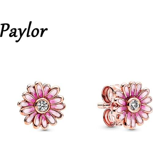 Paylor 2020 New Fashion Silver Color Pink Daisy Flower Stud Earrings For Women Luxurious Rose Gold Flower Earrings Jewelry Gift