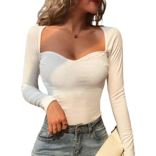 Women Sexy Long Sleeve Square Collar Top Fashion Solid Color Top for Women Ladies T-shirt