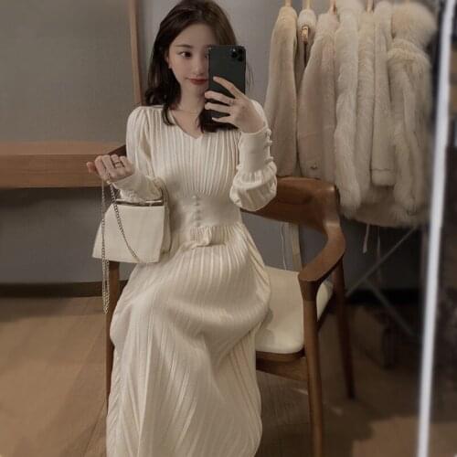Knitte Dress Women Casual Long Sleeve Vintage Elegant Office Sweater Dresses Female Spring One-piece Korean Fashion Female Skirt