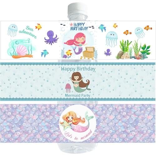 10PCS Unicorn Mermaid Party Decor Bottle Wraps Birthday Water Bottle Label Rainbow Waterproof Stickers Baby Shower Party Favors