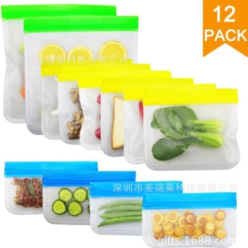 12pc Reusable Refrigerator Fresh Bags Kitchen Food Sealing Storage Bag Home Food Grade Pvea Fruit Meat Ziplock Kitchen Organizer