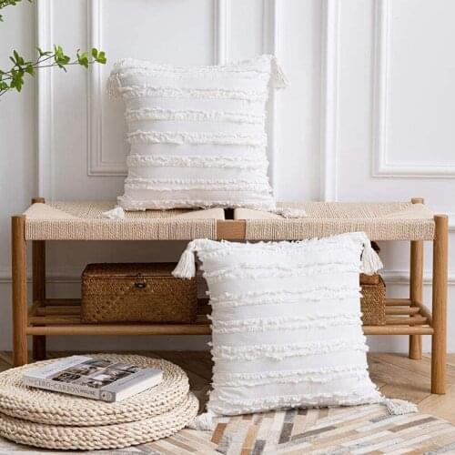 Throw Pillow Cases 2 Pack Boho Striped Cotton Linen Square Decorative Pillow Covers With Tassels White 18X18inch