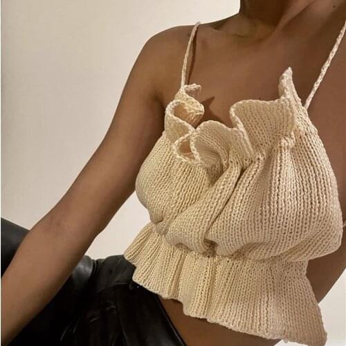 White Knitted Corset Crop Top Y2k Women Sexy Backless Short Tank Crochet Tops Summer New Off Shoulder Ruffled Camis Tees Bandage