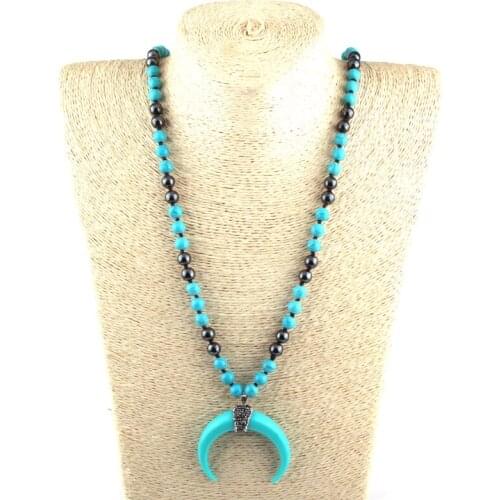 Free Shipping Fashion Turquois Semi Precious Stone Knotted Hematite Stone Horn Pendant Necklaces Women Ethnic Necklace