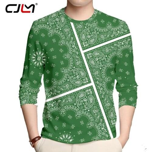 CJLM Man Green Long-sleeved Tees Round Neck 3D Full-body Print Longsleeved Clothes Regular Floral Long-sleeved Shirt Line Totem