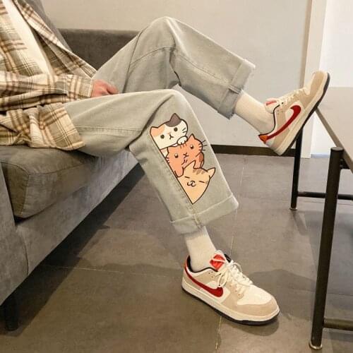 Summer Cute Cartoon Cat Jeans Woman Long Trousers Cowboy Female Loose Streetwear Amine Print Funny Harajuku Female Kawaii Jeans
