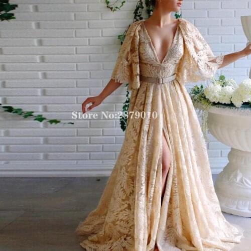 Elegant A-Line Evening Dress Floor-Length Slit Half Sleeves Prom Dress Robe De Soiree Aibye Sequins Formal Dress Turkish Dubai