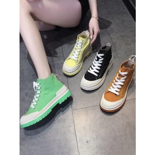 High-Top Canvas Shoes Summer Fashion All-Match Solid Color Thick-Soled Lace-Up Ladies Single Shoes Casual Personality Sneakers