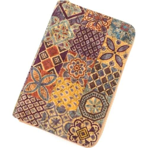 Portugal Tile Pattern Natural Cork Short Card Wallets for Women Vegan Leather Purse