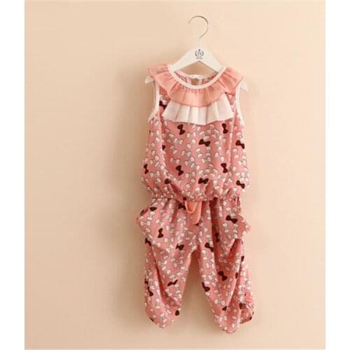 Summer Pretty Girls Sleeveless T-shirt Haren Pant Butterfly Neck Dress Girls Fresh Floral Clothing Sets 6071