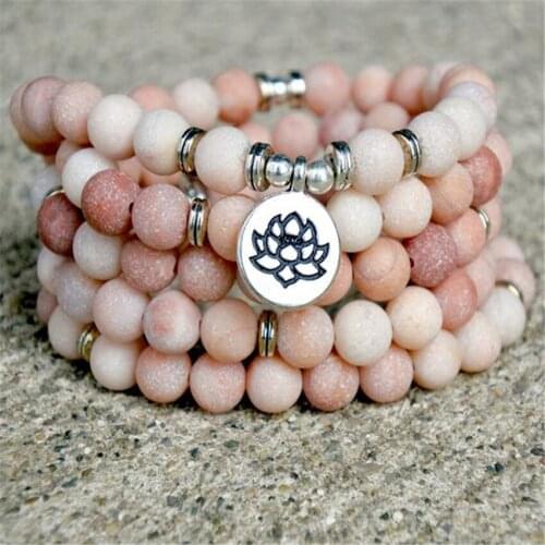 8mm Natural Rhodonite 108 Beads Lotus Pendant Necklace Bracelet Spiritua Mala Classic Meditation Tibetan Buddhism Religious