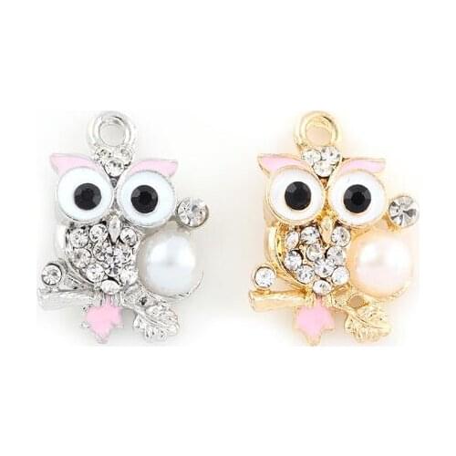 20PCS/lot 21x15mm (Gold,Silver Color) Owl Simulated Pearl Pendant Charms Fit For Glass Magnetic Memory Floating Locket
