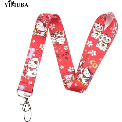 YIMUBA Lucky Cat Lanyards Keychain Phone Neck Straps ID Card Badge Holder Japanese Style Cartoon Print Ribbon Hang Rope Key Ring