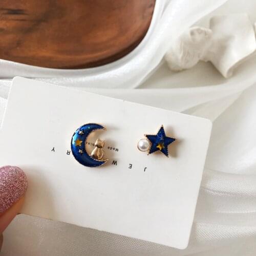 S925 Needle Dreamy Star Moon Fun Cute enamel cat Kitty Pearl asymmetric earrings for women jewelry