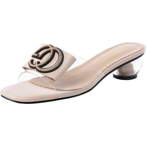 Green And Pink Slipper Womens Fashion Crystal Heel Middle Heel 2021 Summer New Sandal Small Size Big Size 31-43 Sandal Women