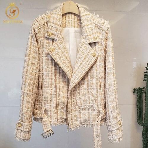 SMTHMA 2021 New Autumn Winter Tweed Plaid Woolen Jacket Women Vintage Notched Long Sleeve Lace Up Outwear