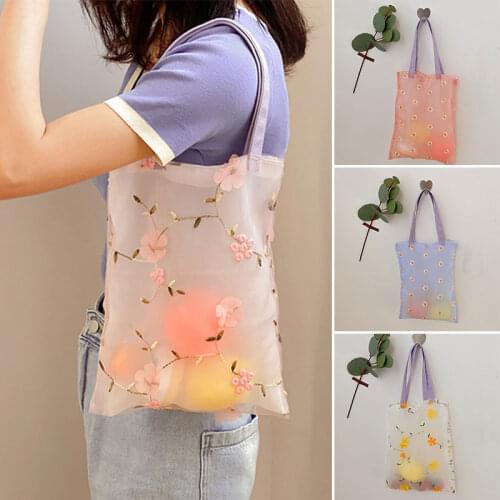 Korea 3D Flower Embroidery Bag Female Shoppig Bags Organza Embroidery Hand Bag Casual Tote Mesh Shopping Bag Fairy Handbags 2021