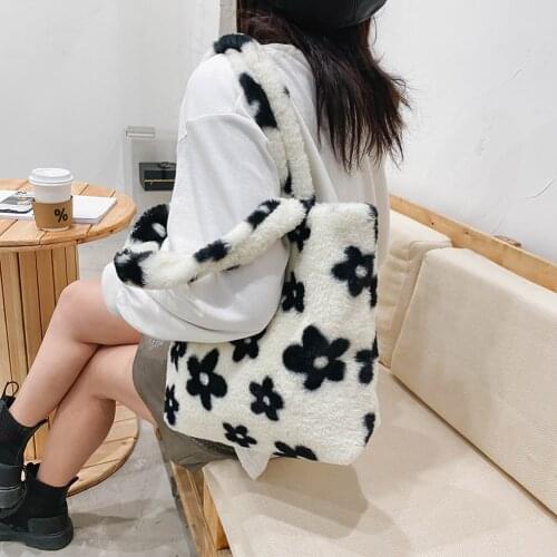 2020 INS Fashion Women Flower Pattern Shoulder Bags Female Winter Plush Underarm Bags Faux Fur Handbag Furry Fluffy Tote Bags