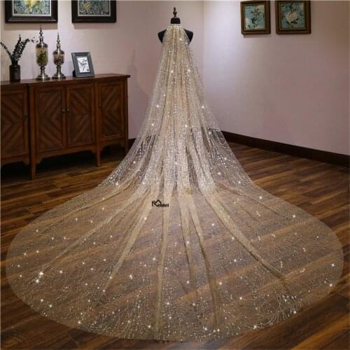 Wedding Veils 3 Meters Bridal Headdress Stick Crystal Lace Starry Sky Pattern Cathedral Bridal Veils Wedding Photo Accessories