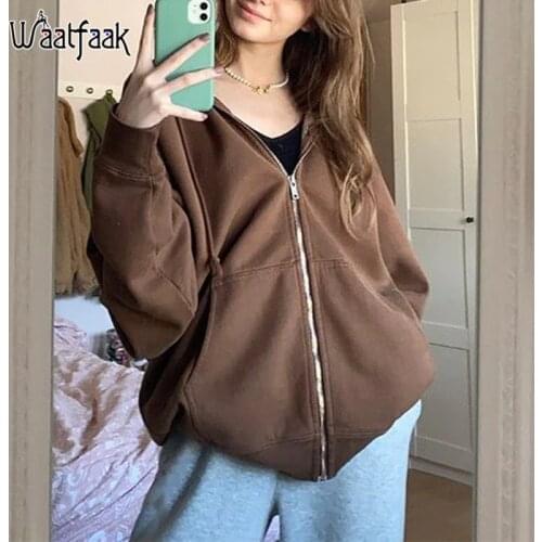 Waatfaak Pockets Vintage Brown Zip Up Hoodie Streetwear Woman Oversized Hoodie Winter Harajuku Black Y2K Korean Hoodies Autumn