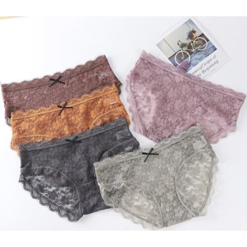 Womens Cotton Underwear Panties Sexy Lace Panties Fashion Hollow Out Briefs Mid Waist Traceless Underpants Female Bow Lingerie