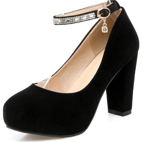 Big Size11 12 13 14 platform heels women shoes woman pumps ladies Metal Decoration of Round Head Shallow Rough-heel Button Drill