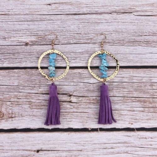 ZWPON Hammered Circle Stack Natural Gravel Stone Leather Earrings Earrings for Women Long Earrings Leather Jewelry Wholesale