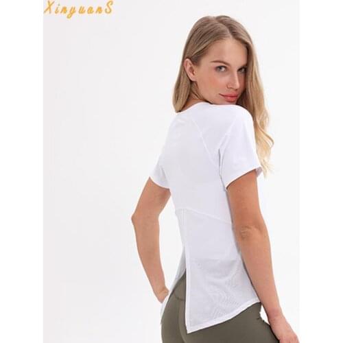 2021 Yoga Short-sleeved T-shirt Womens Mesh Stitching Breathable And Quick-drying Fitness Clothes Sports And Leisure All-match