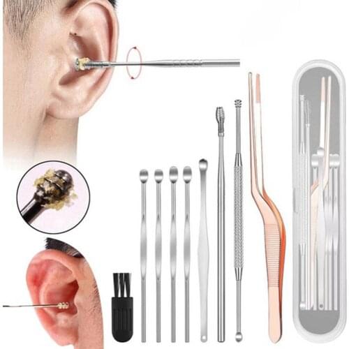 50% Hot Sale 9Pcs Professional Stainless Steel Spiral Ear Pick Spoon Earwax Removal with Box