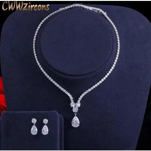 CWWZircons Fashion Cubic Zirconia Water Drop Pendant Necklace and Earrings Bridal Wedding Jewelry Sets for Brides Party T397