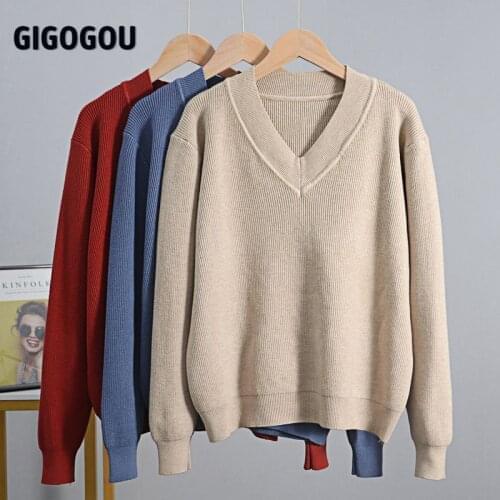 GIGOGOU V Neck Women Autumn Winter Sweater Basic Thick Warm Knitted Jumper Top Femme Casual Ribbed Pullover Sweater