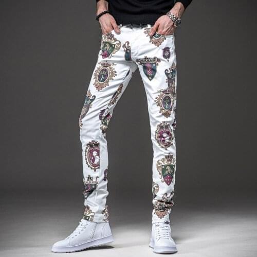 Mens classical Horse lion Printed Jeans Floral Coloured drawing Stretch Denim Pants Slim Fit Nightclubs Fashion Trousers