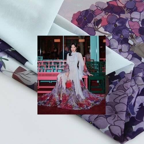 Purple Hydrangea Chiffon Printed Fabric 100% Polyester Textile Sewing Material Cloth High Fashion Fabric For Dress Transparent