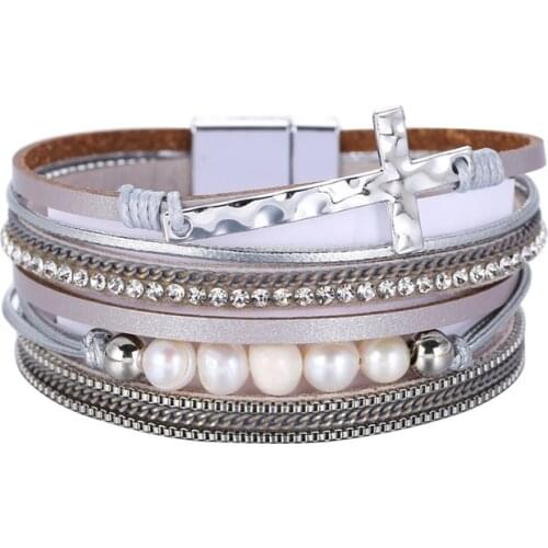 Leather Bracelets for Women Pearl Rhinestone Crystal Metal Charm Wide Multilayer Wrap Bracelets & Bangles Jewelry