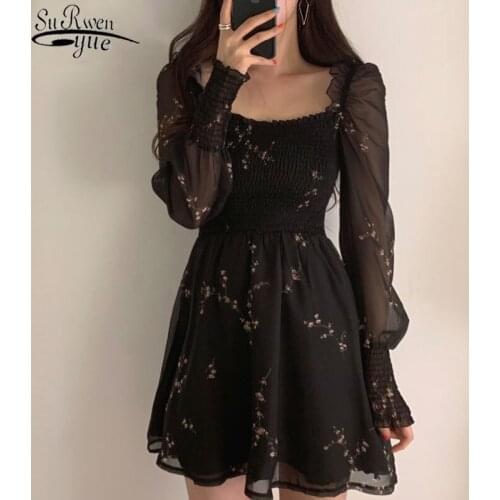 Summer Womens Sexy Black Dress Vintage Flower Long Puff Sleeve Chiffon Dresses Korean Casual Mini Vestidos Mujer Clothes 13676