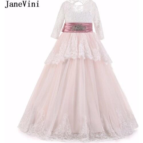JaneVini 2018 Tiered Lace Kids Flower Girl Dresses for Weddings Beaded Sashes Floor Length Holy Communion Party Gowns for Child
