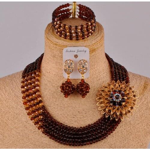 Fashionable brown and champagne gold ab crystal bead african jewelry set nigerian wedding set 5JZ-10