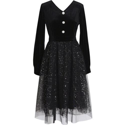 PERHAPS U Women Vintage Mesh Solid Black V Neck Long Sleeve Knee Length Dress Sequined Velvet D1532