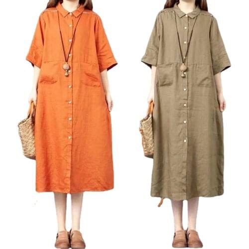 Literary Loose Solid color cotton-linen short-sleeved single-breasted dress womens mid-length Shirt skirt Lapel Double pocket