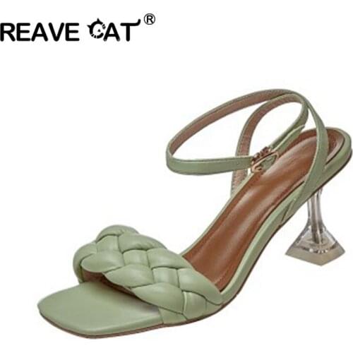 REAVE CAT Genuine Leather Women Sandals Buckles Braided Fashion High Heels Newest Wedding Dancing Party Shoes Size 34-43 B2602