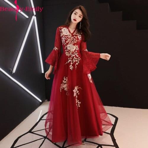 Sexy V Neck Appliques A-line Evening Dress 2020 Charming Three Quarter Flare Sleeve Zipper Back Formal Party Dress Vestidos