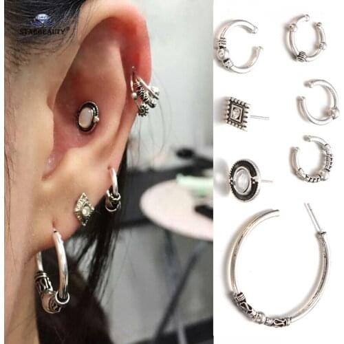 Starbeauty 7pcs/lot Big Ring Oval Ear Piercing Helix Piercing Cartilage Fake Nose Ring Tragus Pircing Earrings Body Jewelry Gift